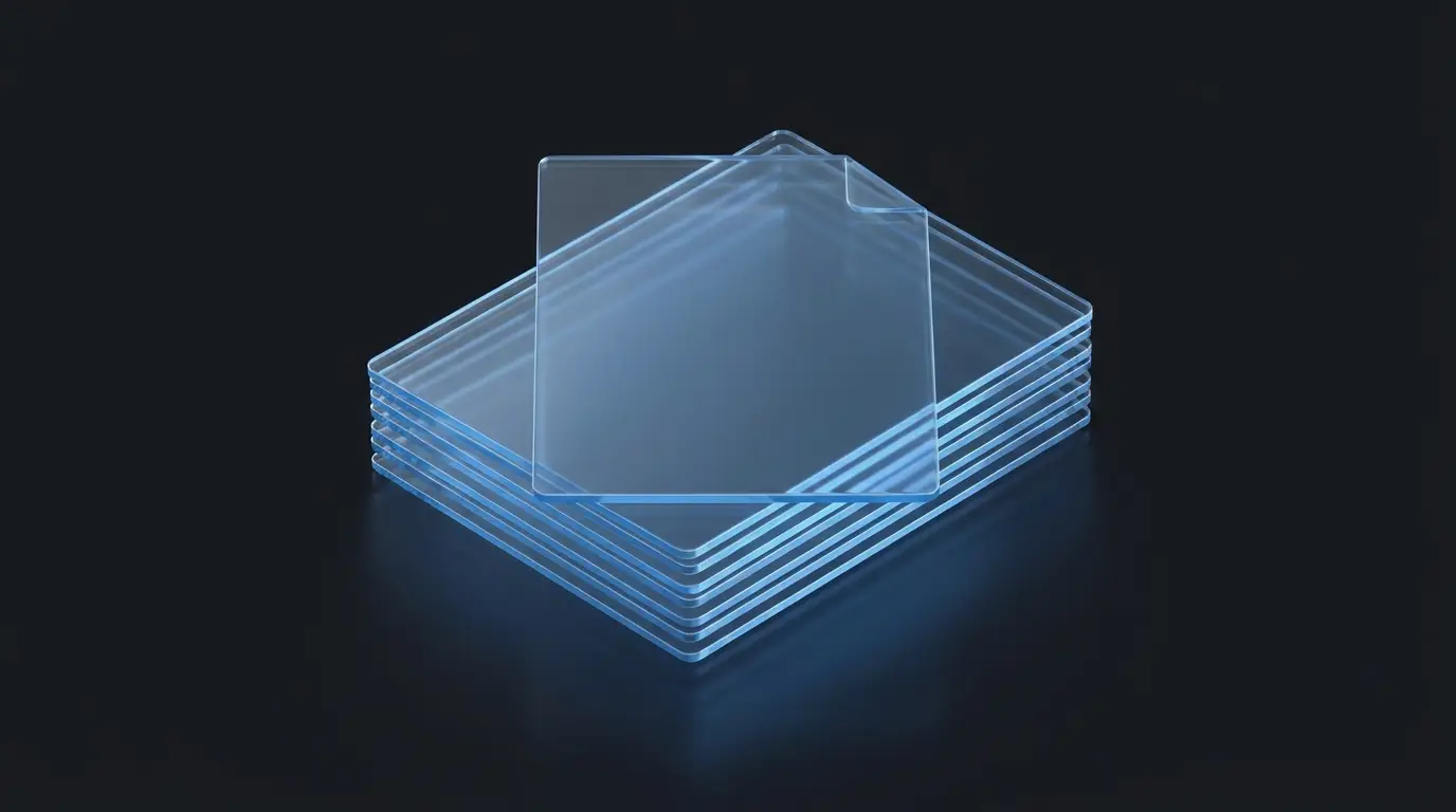 Abstract illustration of stacked translucent document panels