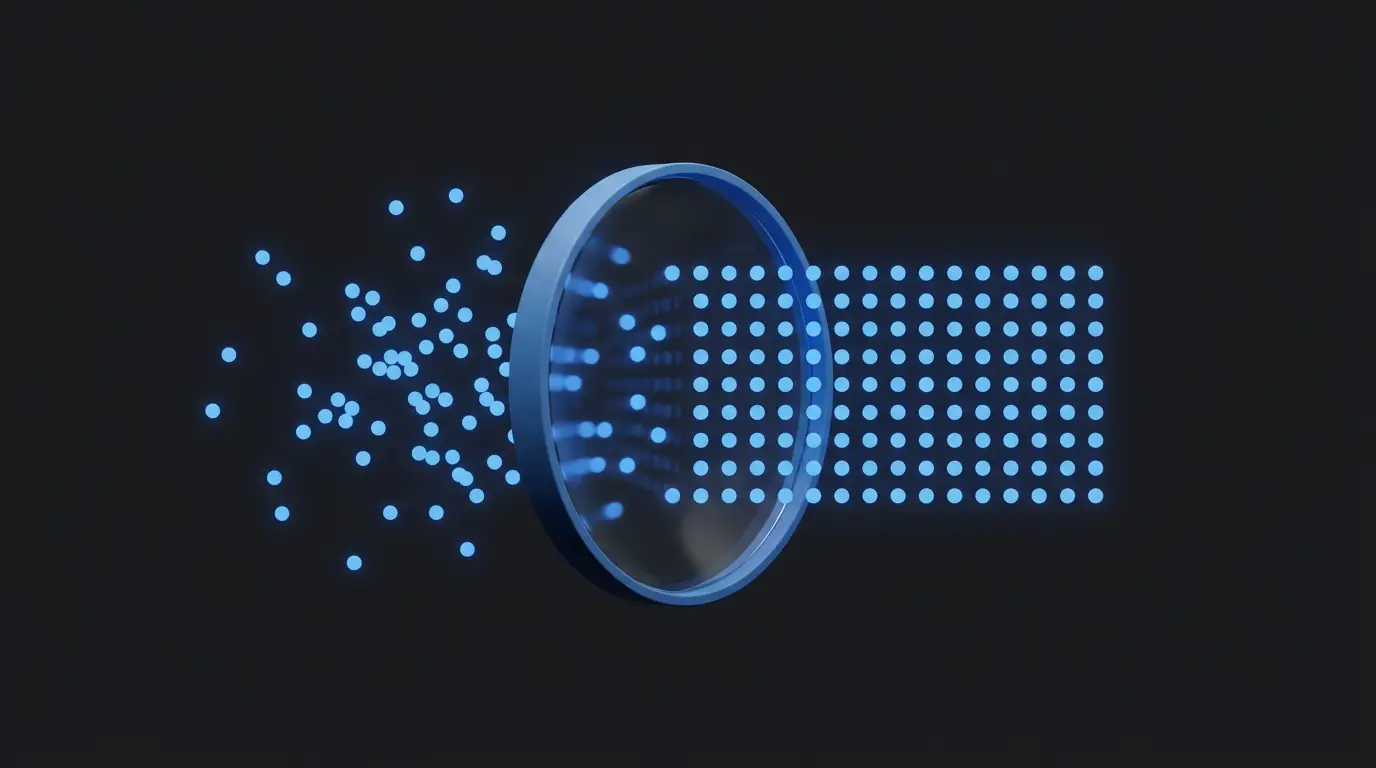 Abstract illustration of a lens ordering scattered dots into a grid